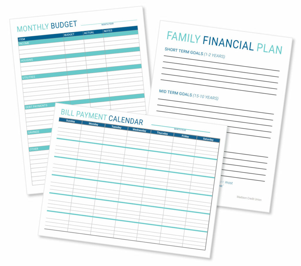 Financial Tools - Budget, family goals, and bill calendar worksheets